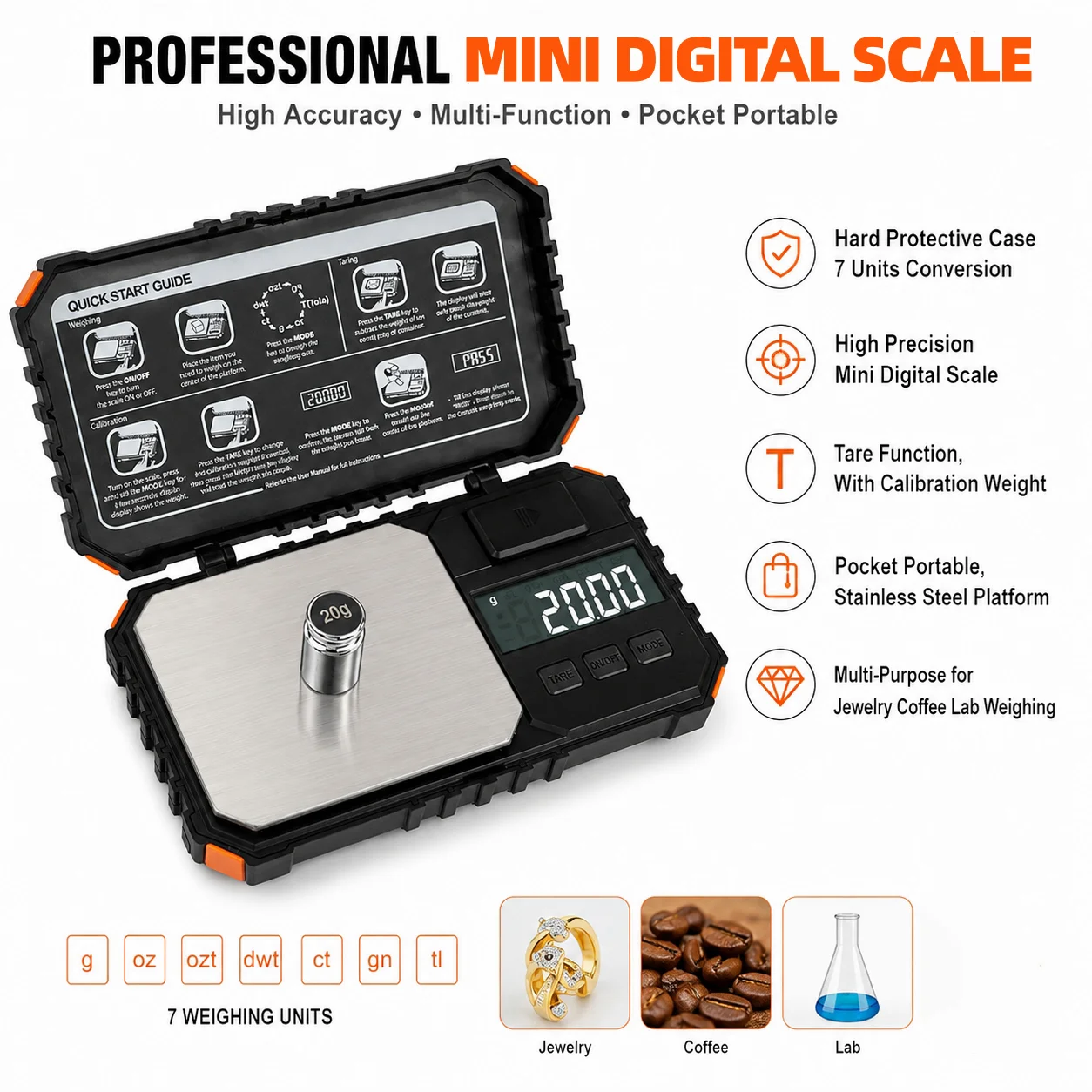 High Precision Pocket Digital Scale 600g/0.01g Jewelry Weighing Scale With 20g Calibration Weight 7‑Unit Conversion