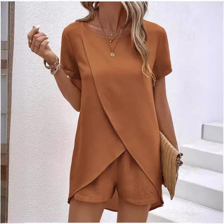 Summer Women Chic Tops Shorts Suit Two-Piece Set Office Ladies Chic 2 Piece Sets Womens Outfits Fashion Casual Long Blouse Suit