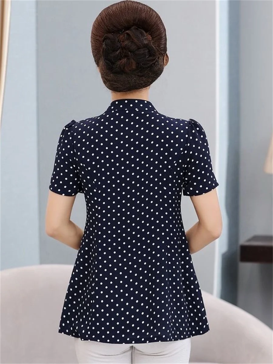 5XL Loose Women Spring Summer Shirts Lady Fashion Casual Short Sleeve V-Neck Collar Polka Dots Blusas Tops TT2036