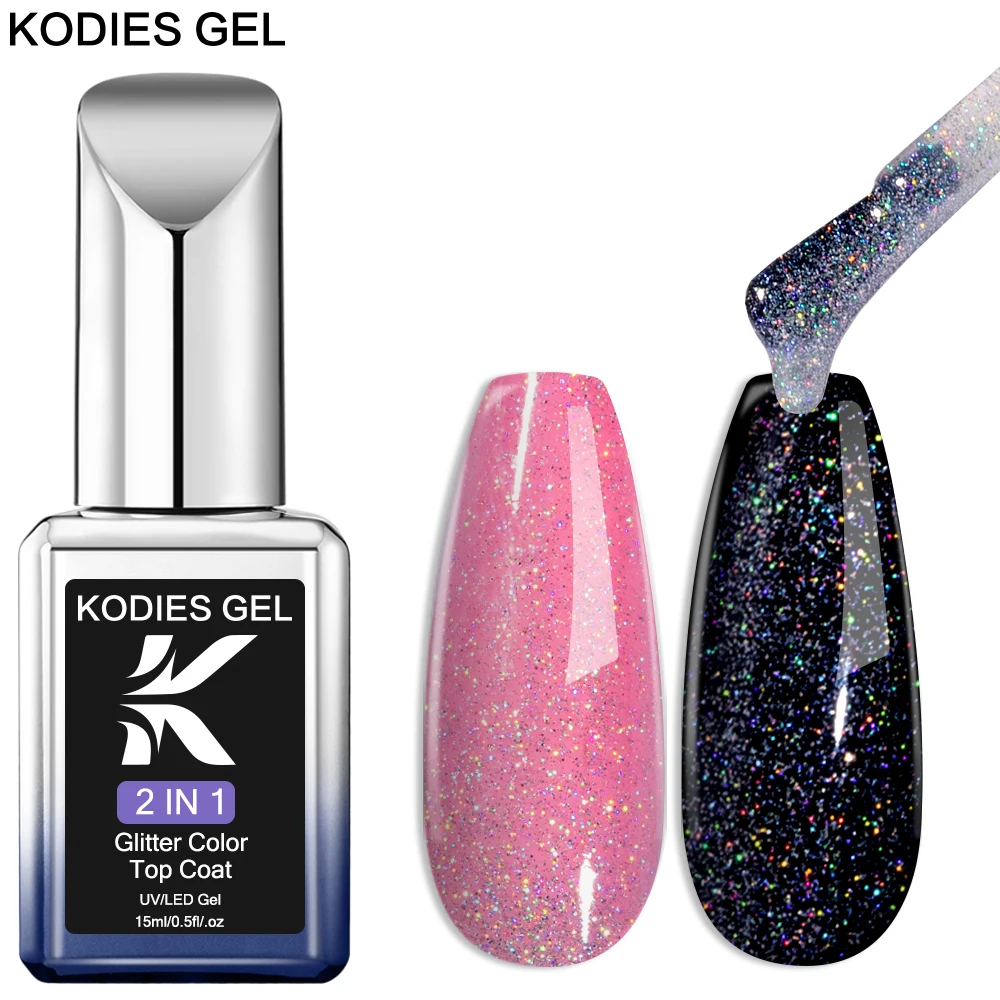 

KODIES GEL Laser Top Coat UV Gel Nail Polish 2 IN 1 Glitter Rainbow Shine Gel Top Finish Sealer Semi Permanent LED Manicure Nail