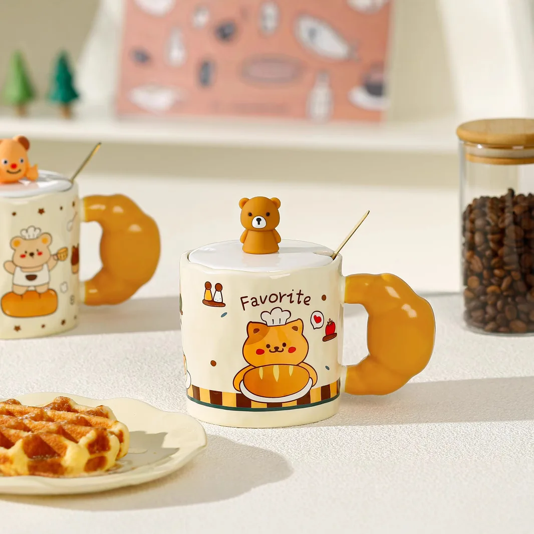 Cartoon Teddy Bear With Lid Spoon Large Capacity Student Ceramic Cup Underglaze Color Set Household Mug Small Gift