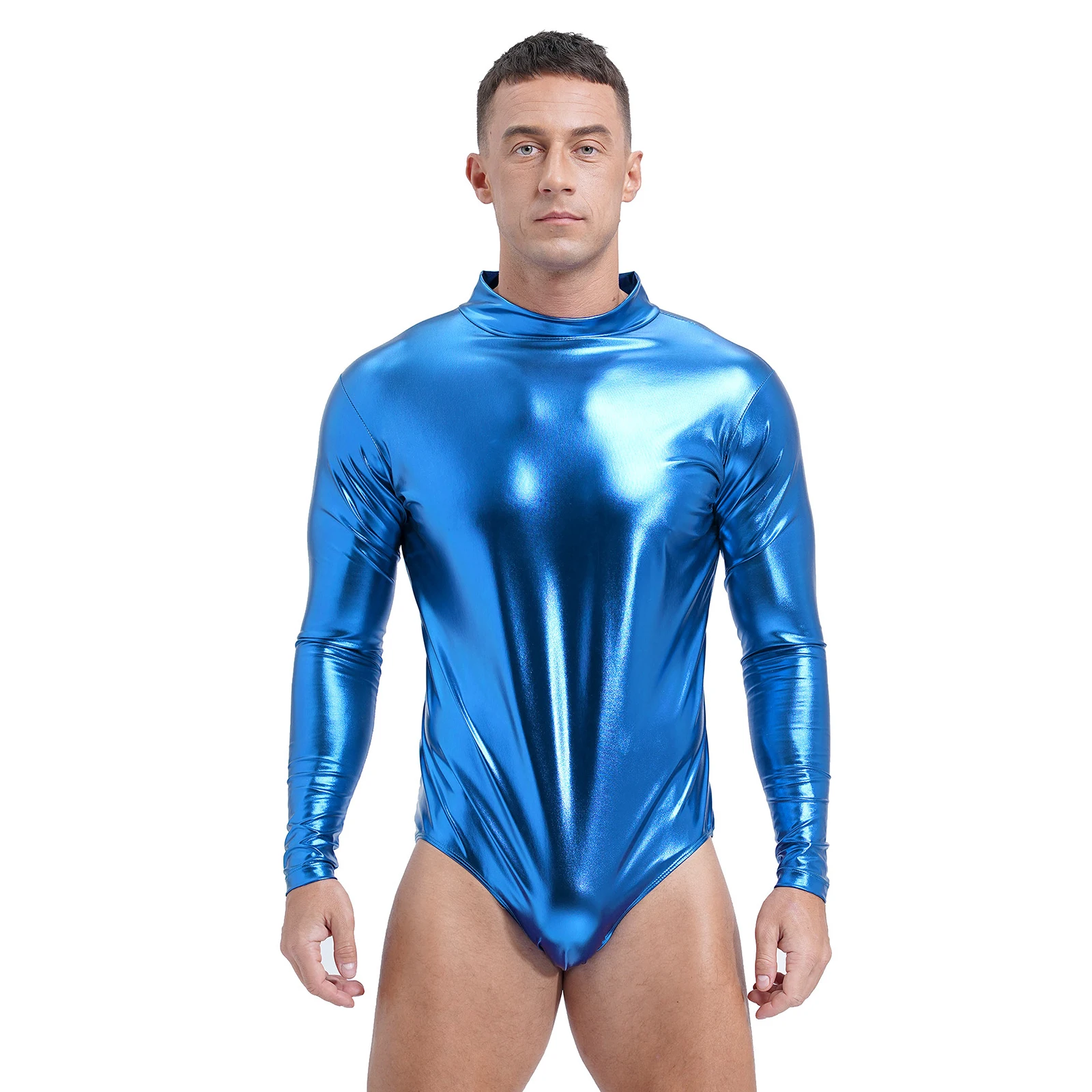 Mens Shiny Metallic Athletic Bodysuit Mock Neck Long Sleeve Gymnastics Leotard Yoga Jumpsuit for Man Dancing Ballet Dancewear