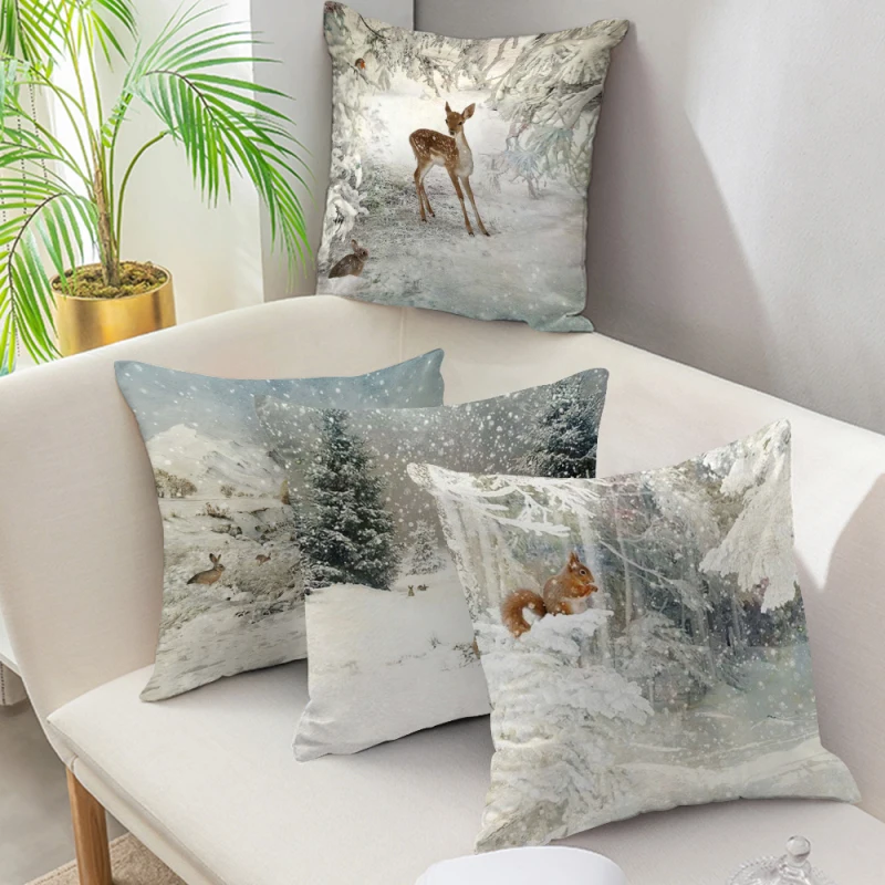 Home Decor Cushion Cover Christmas Cute Animal Snow Night Print Pillow  Sofa Seat Pillowcase 45x45cm funda de almohada