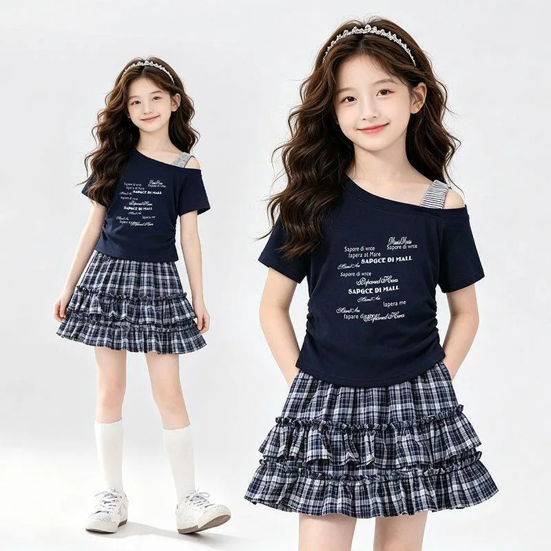 Girls Summer 2-Piece Set Korean Style Off Shoulder T-Shirt Skirt Sweet Fashion Top Outfit Trendy Kids Clothes