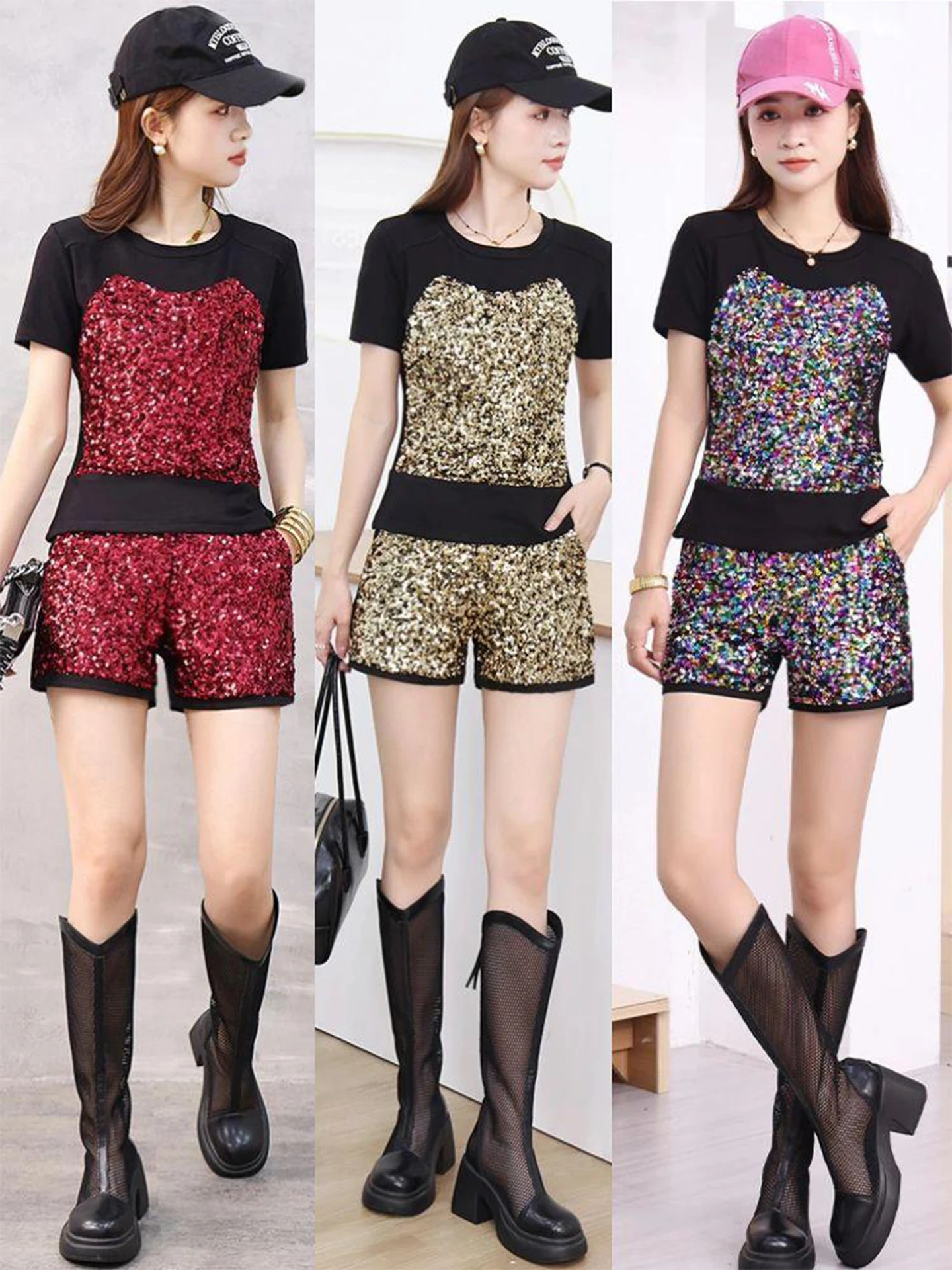 

Shiny Sequin Set Women's Stage Wear Summer 2026 Fashion Short Sleeve Elastic Waist Shorts Two-Piece Set High Waist Cotton Blend