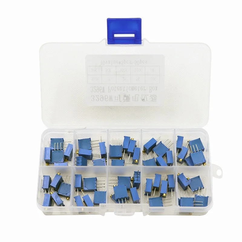 3296W Multiturn Trimmer Potentiometer Kit High Precision Variable Resistor 10 Values 5Pcs Each Storage Box for Electronic DIY