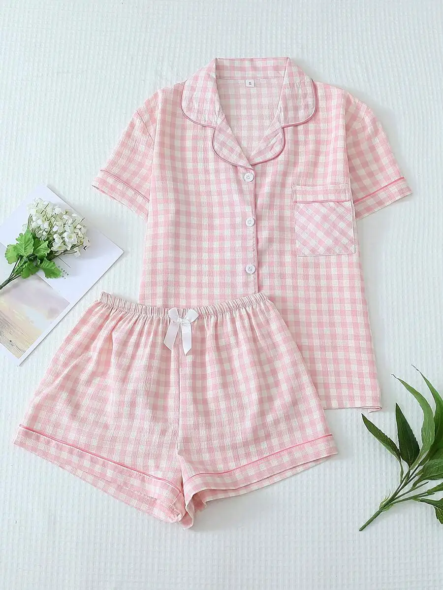 

Womens Pink Plaid Short Sleeve Button Up Pajama Set With Shorts Summer Sleepwear