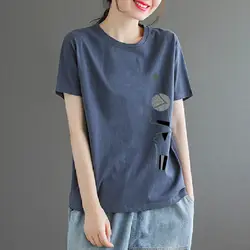 Pure Cotton Short Sleeved Women's Summer New Korean Round Neck Printed Geometric Large Loose Pullover Casual T-shirts Tops