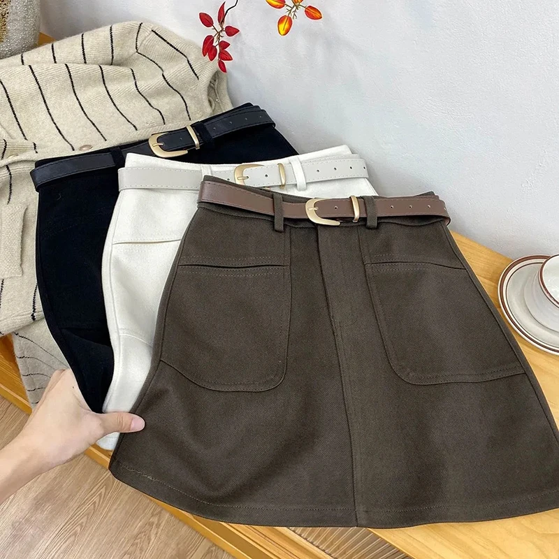 Faux Wool Cargo Skirts for Women Y2K High Waist with Belt Autumn Mini Skirts Korean Sweet Preppy All Match Blended Skirts New