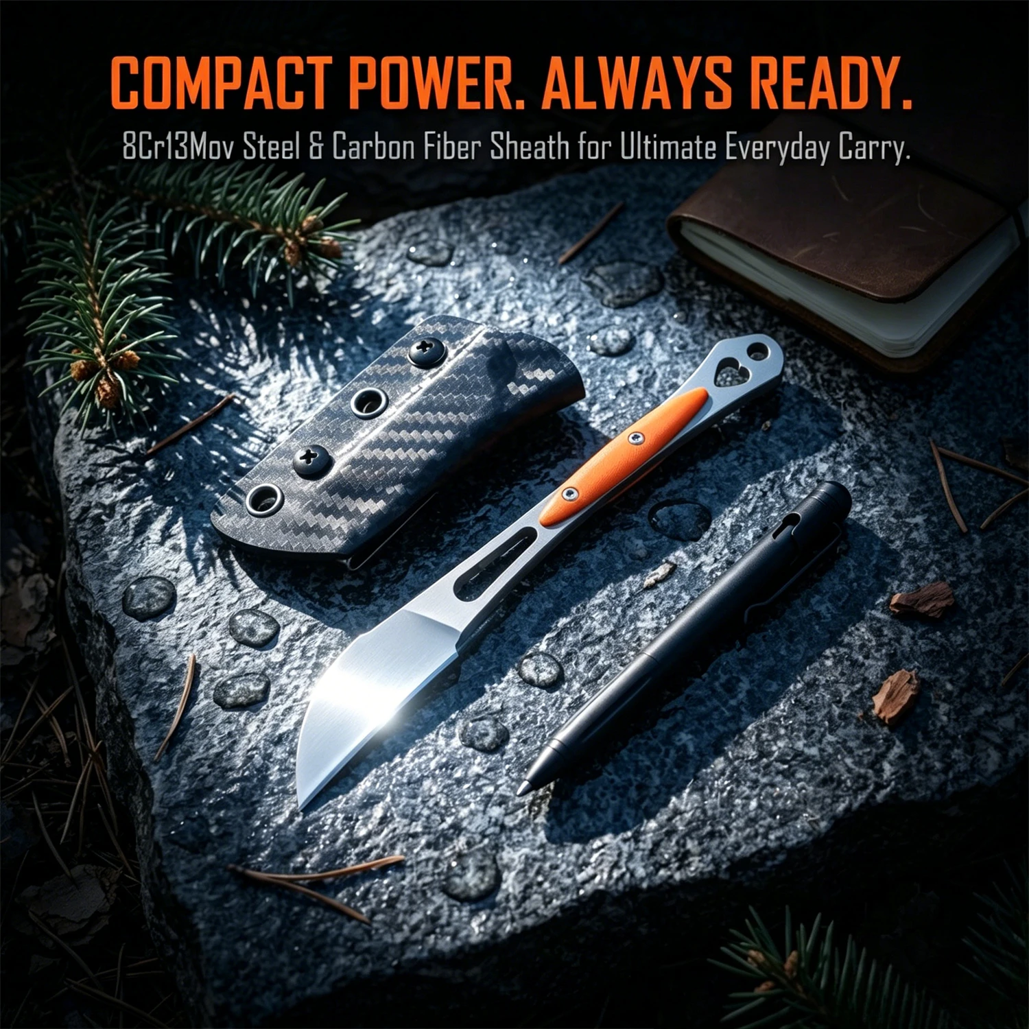 Dervish Curved EDC Fixed Knife – 8Cr13MoV Blade, Hollow G10 Grip, Sheath – Designed for Camping, Hiking, and Field Utility