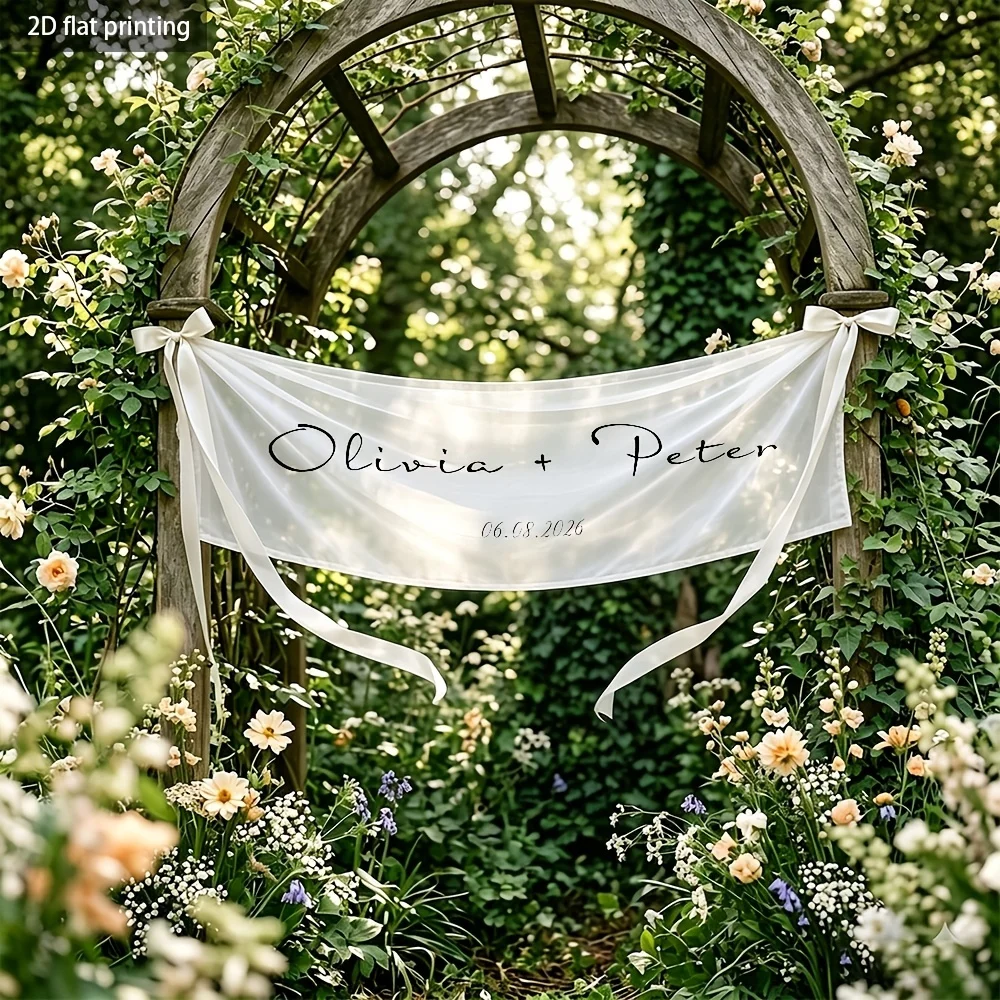 1Pc Custom Sheer Tulle Transparent Banner - Personalized Name/Wedding Date, Includes 2 Ribbon, Minimalist, Party Supplies