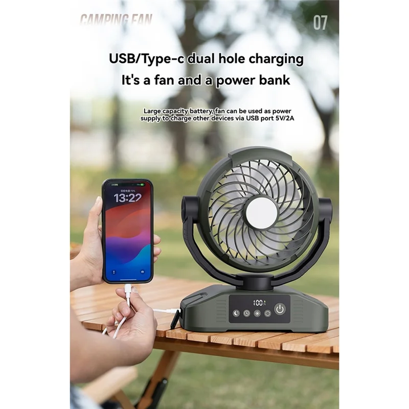ABBK-Desktop Outdoor Fan 20000Mah Rechargeable Fan With LED Light 5 Speeds 3 Brightness Levels For Camping Travel