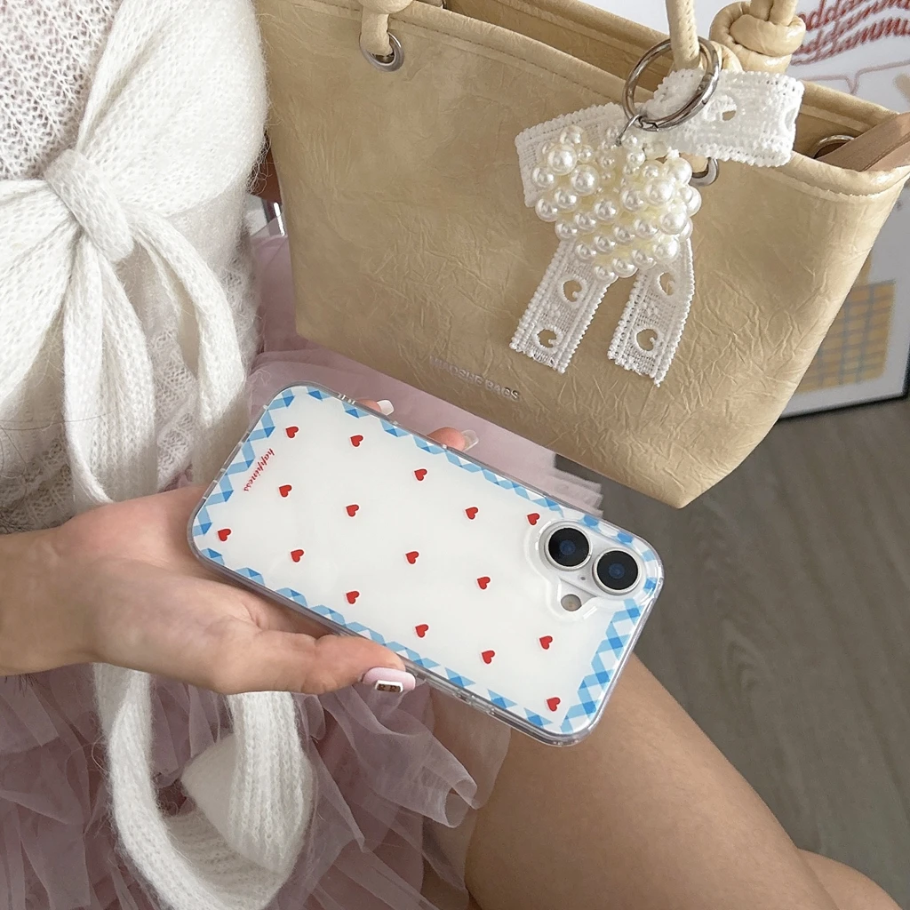 لطيف الطازجة شبكة نمط الأحمر الحب القلب الكرز الحبل صدمة برهان غطاء الهاتف القضية آيفون 17 16 15 14 13 برو ماكس #6