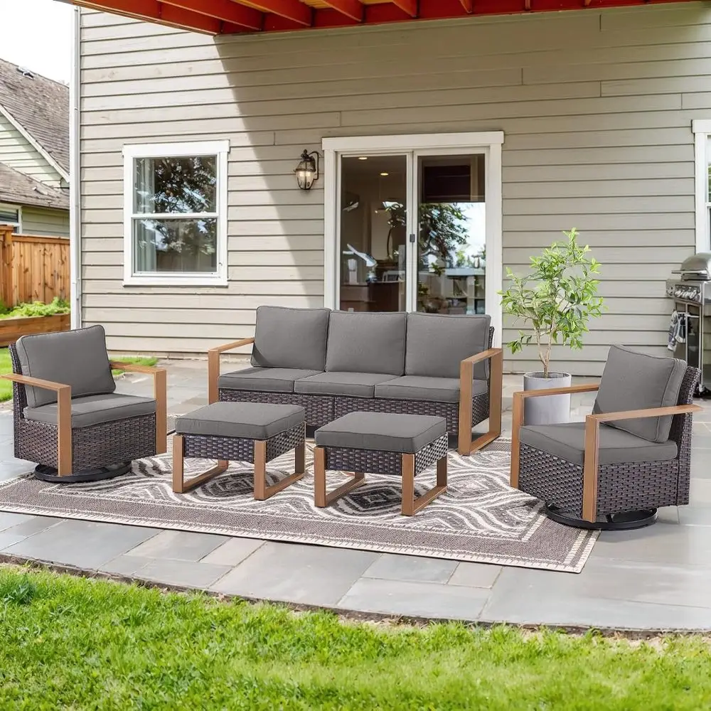 

5-Piece Outdoor Swivel Wicker Patio Furniture Set with Rust-Resistant Metal Armrests