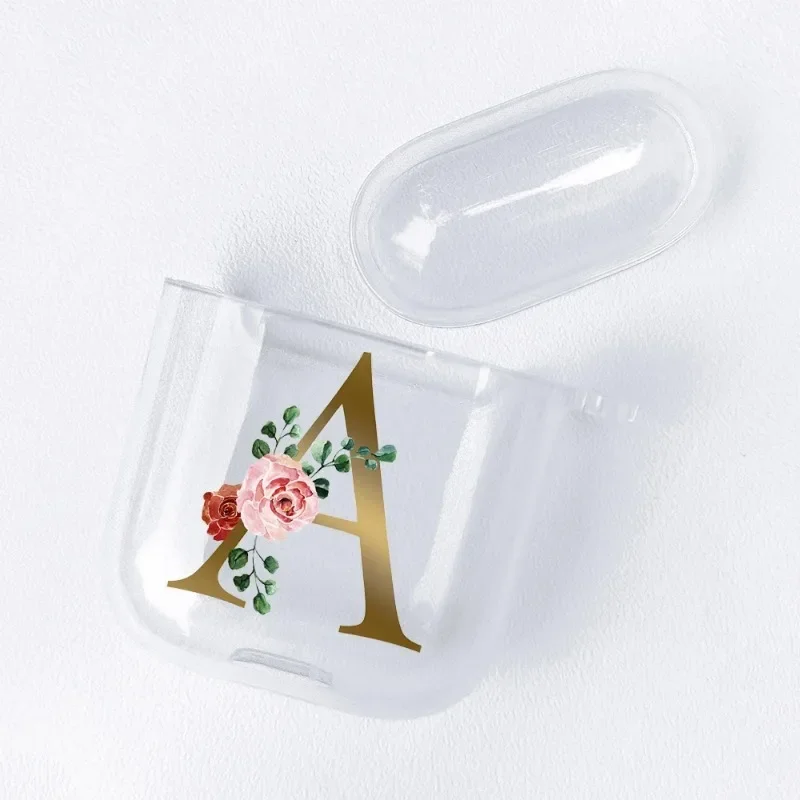 Casing Earphone bening huruf alfabet emas mawar, untuk Apple AirPods 4 3rd 2 Pro2 penutup transparan untuk Airpod 1 3 pelindung Fundas