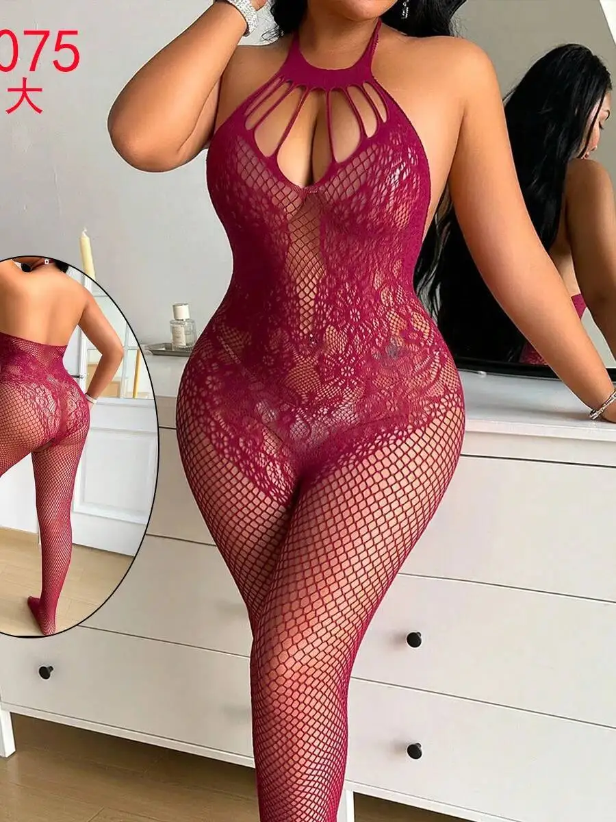 Plus Size Sexy Women's Passion Open Crotch Bodysuits Flower Print Backless Deep V Sleeveless Hanging Neck Bodysuits Elegant WRSK
