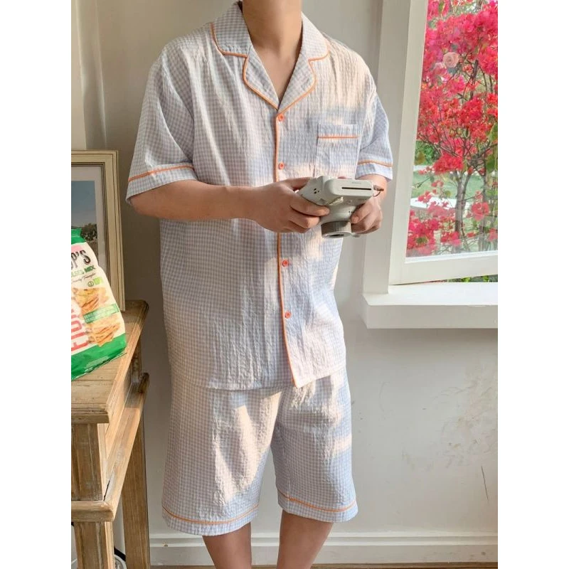 Women Pajamas Sets Summer Thin Cotton Korean Style Couple Pajamas 2023 New Plaid Simple Large Size Men\'s Homewear Two-piece