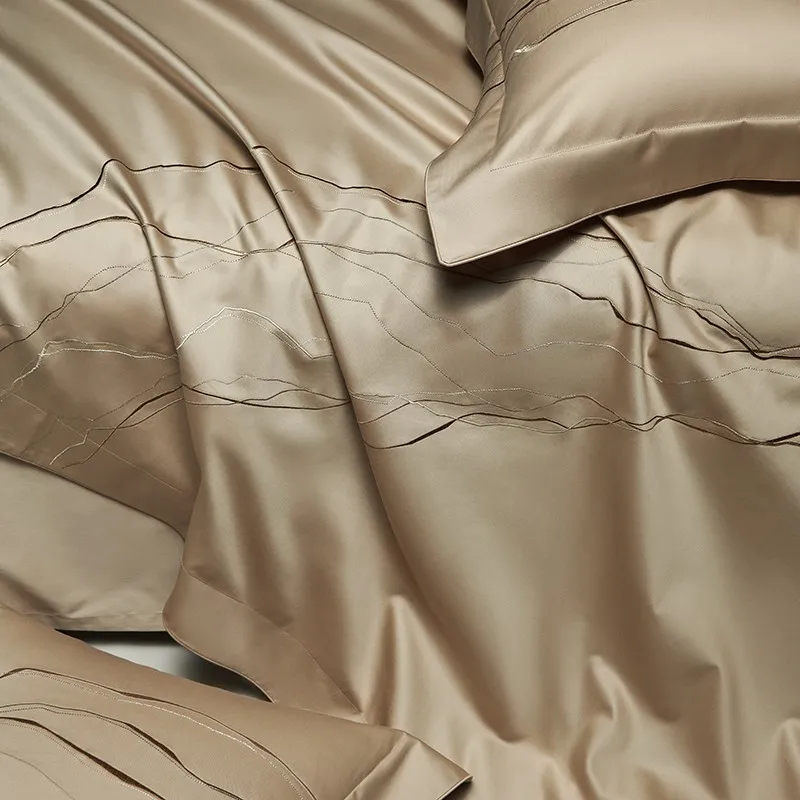 Champagne Gold Chic Embroidery Luxury 1400TC Egyptian Cotton Bedding Texture Silky Soft Comfy Duvet Cover Bed Sheet Pillowcases