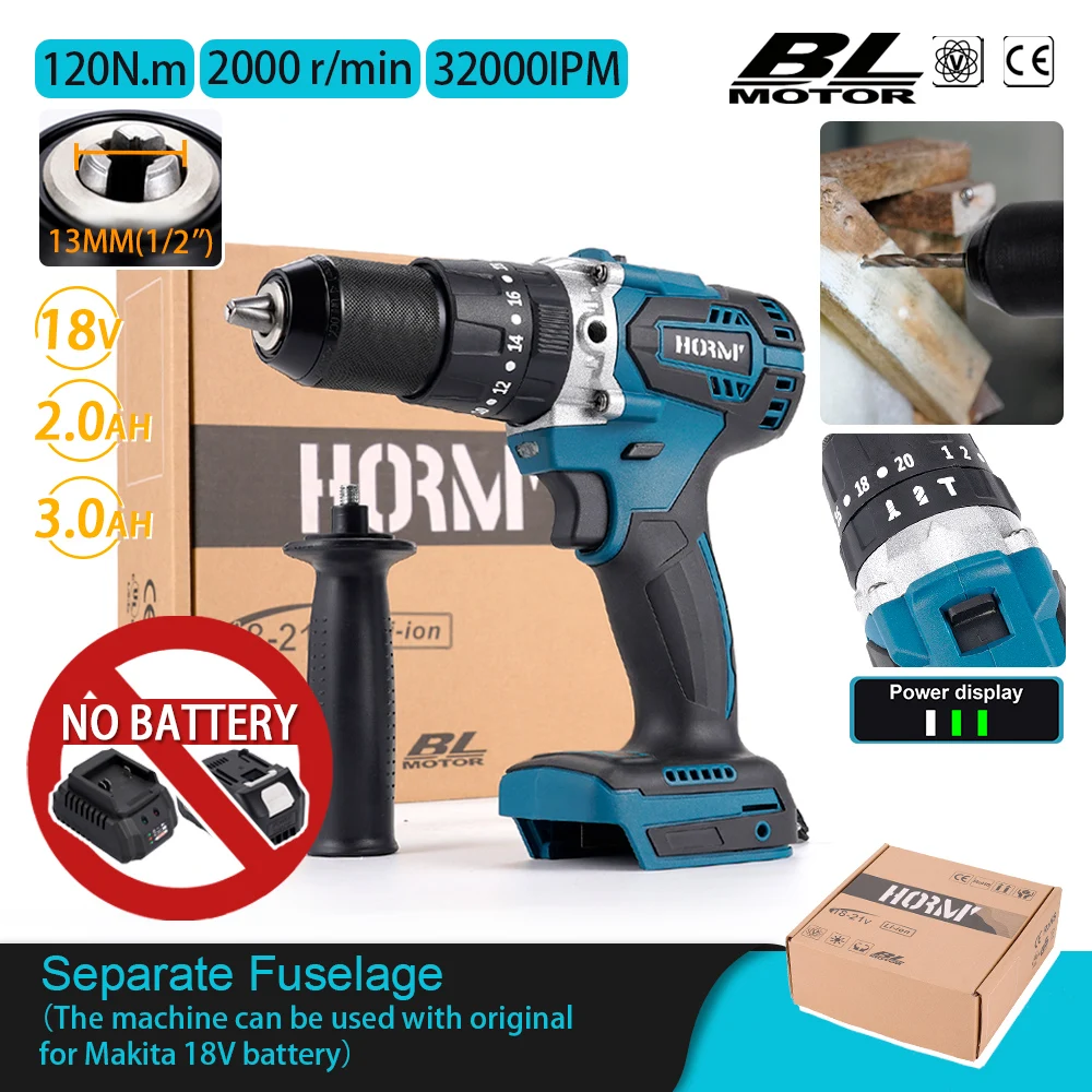 

Hormy Brushless High-Power Handheld Drill With Handle 120N.m Three Function Electric Drill Impact Drill Multifunctional 18V