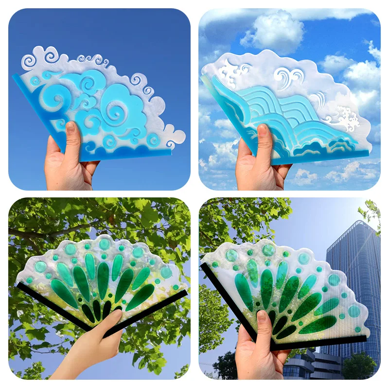 

DIY Chinese Folding Fan Silicone Mold Peacock Auspicious Clouds Sea Wave Fan Epoxy Resin Molds Hand Craft Plaster Molds