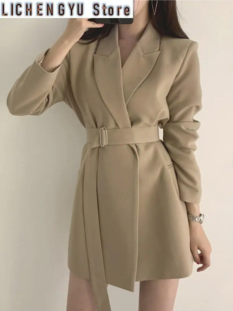 

New Korean Elegant Blazers With Belt Spring Vintage Notched Lapel Slim Solid Outerwear Office Lady Casual Coats Mujer Clothes