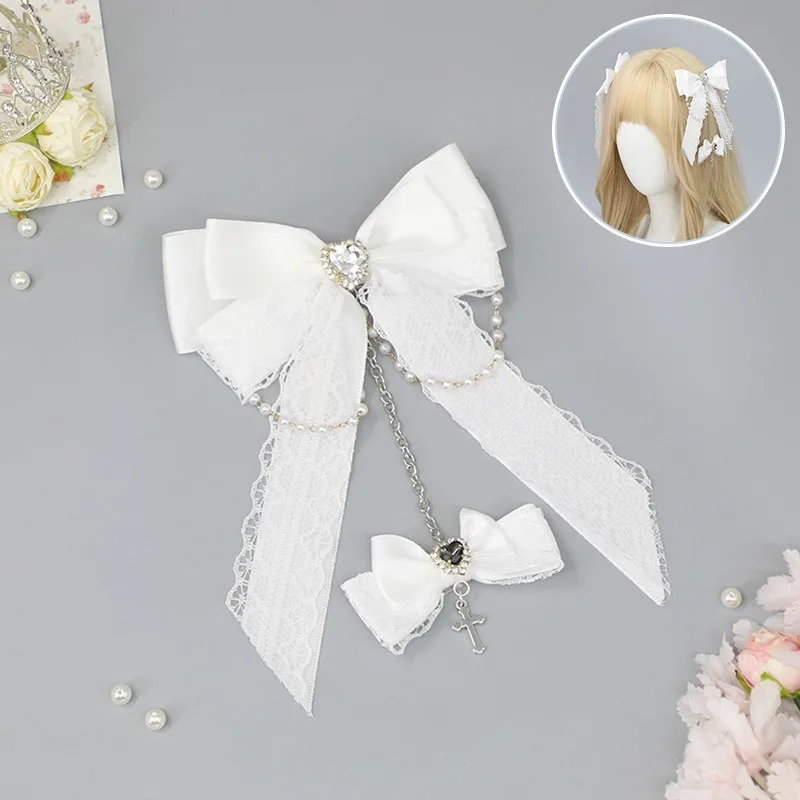 

Cute Lace Bow Hair Clips with Angel Edge & Chain, Gothic Subculture Rhinestone Hair Accessories