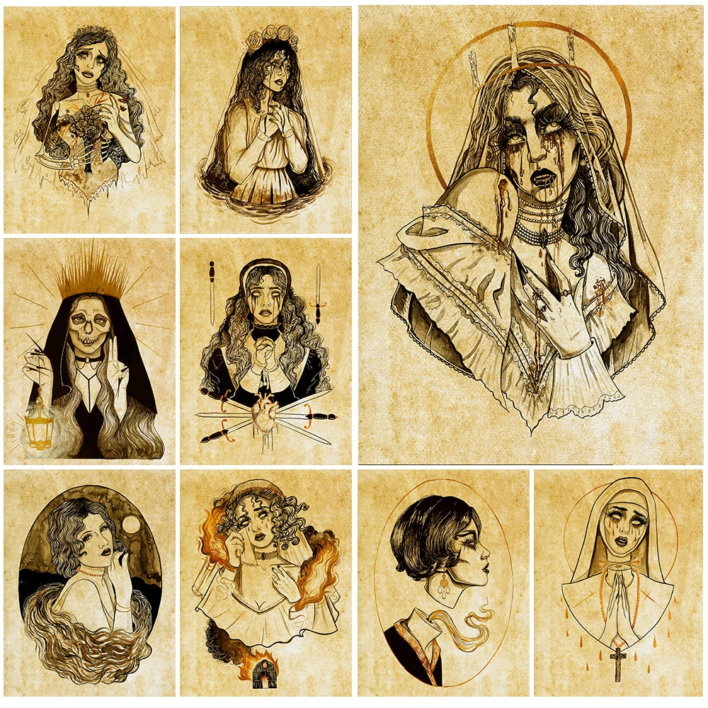 

Crying Brides And Nuns Vintage Wall Art Canvas Painting Mysterious Crying Witch Retro Poster And Print For Living Room Decor