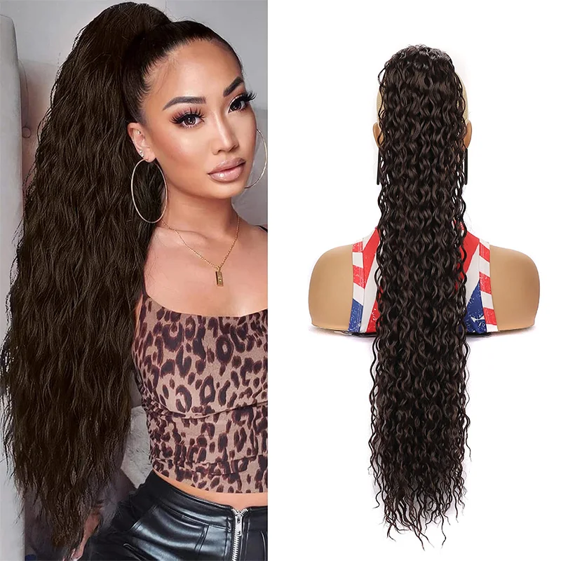 

Drawstring Synthetic Ponytail Extensions Long Water Wavy Clip In Hair Extensions 30 Inch Natural Looking Hairpiece For Women