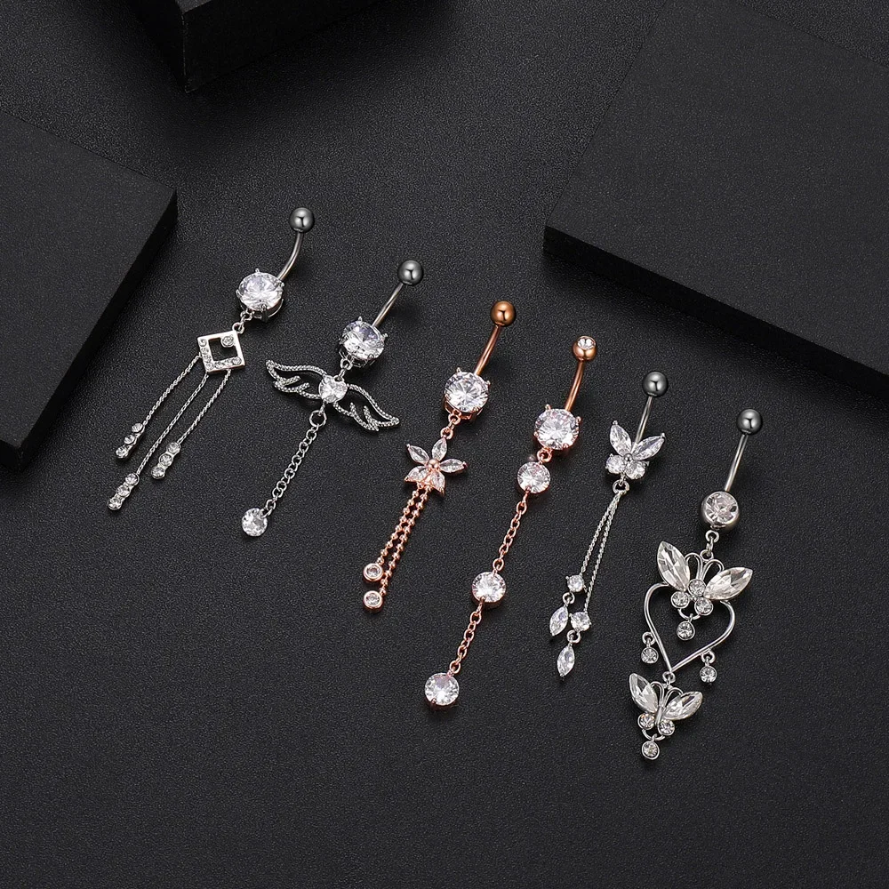 Mixed-Style Belly Piercing Sets 14G Dragonfly Butterfly Heart Flower Curved Navel Rings Stainless Steel Belly Piercing Jewelry