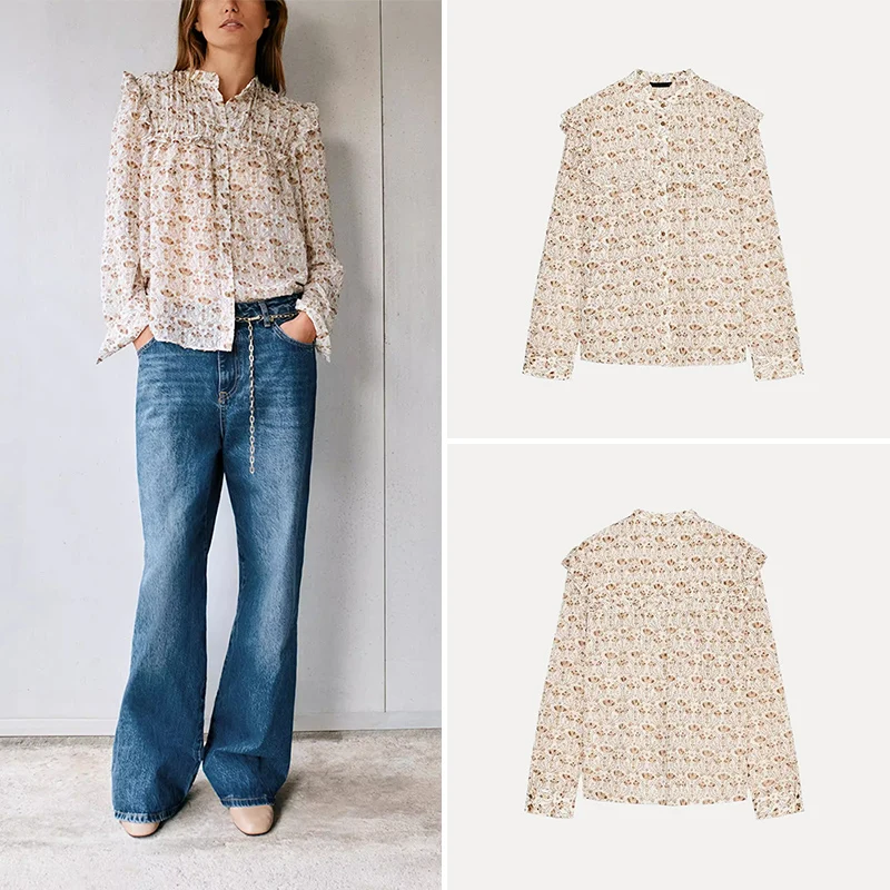 Primavera 2025 Donna Sle Long Sve Stampato Chiffon irt Colletto alla coreana Casual Loose Fit Fibra di poliestere 00% Nuovo arrivo