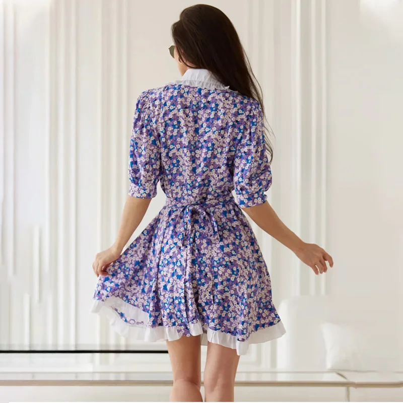 TARUXY mode florale manches courtes robe femmes été nouveau revers boutons imprimé taille haute robe courte femme robe de loisirs