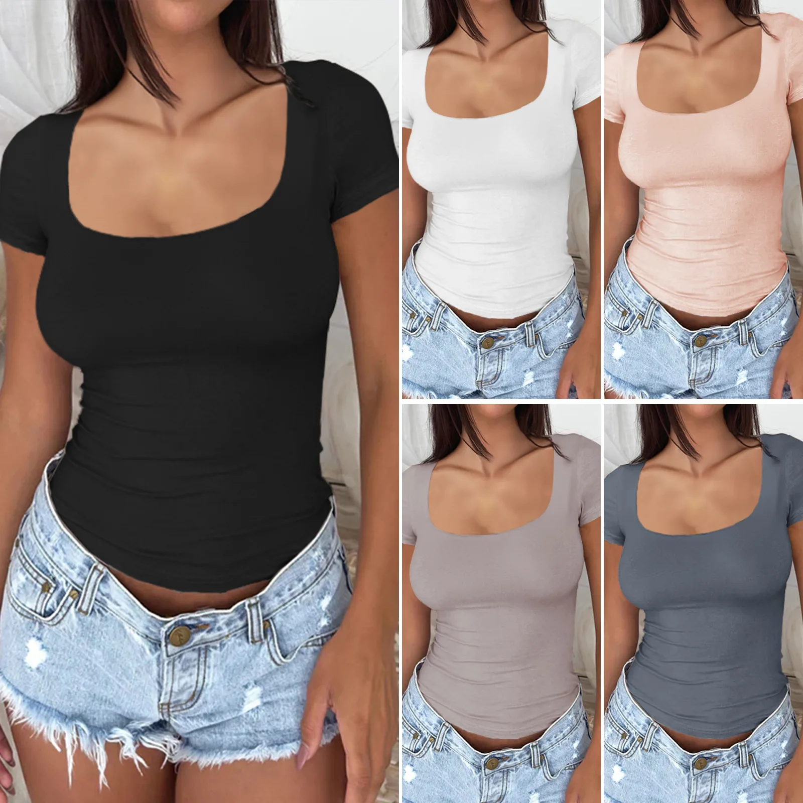 

Spring And Summer Women's Clothing Y2K Casual Slim-fit Solid Color Pullover Short-sleeved T-shirt