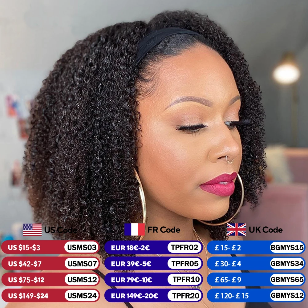 Afro kinky encaracolado cabelo humano bandana perucas para preto feminino 180% densidade cabelo humano brasileiro remy máquina completa feita cabelo yara