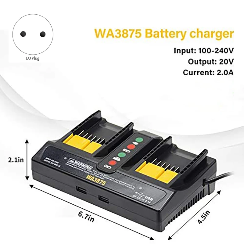 WA3875 18V 20V 3A Li-Ion Lithium Battery Dual Port Fast Charger for Worx WA3520 WA3525 WA3578 WA3575 WA3742 EU