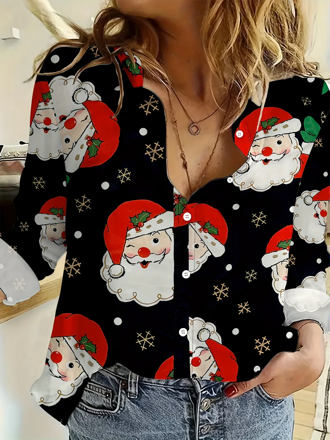 2025 Natal feminino 3D impresso Papai Noel camisas de manga comprida blusa casual de Natal para festa tops com botões para mulheres