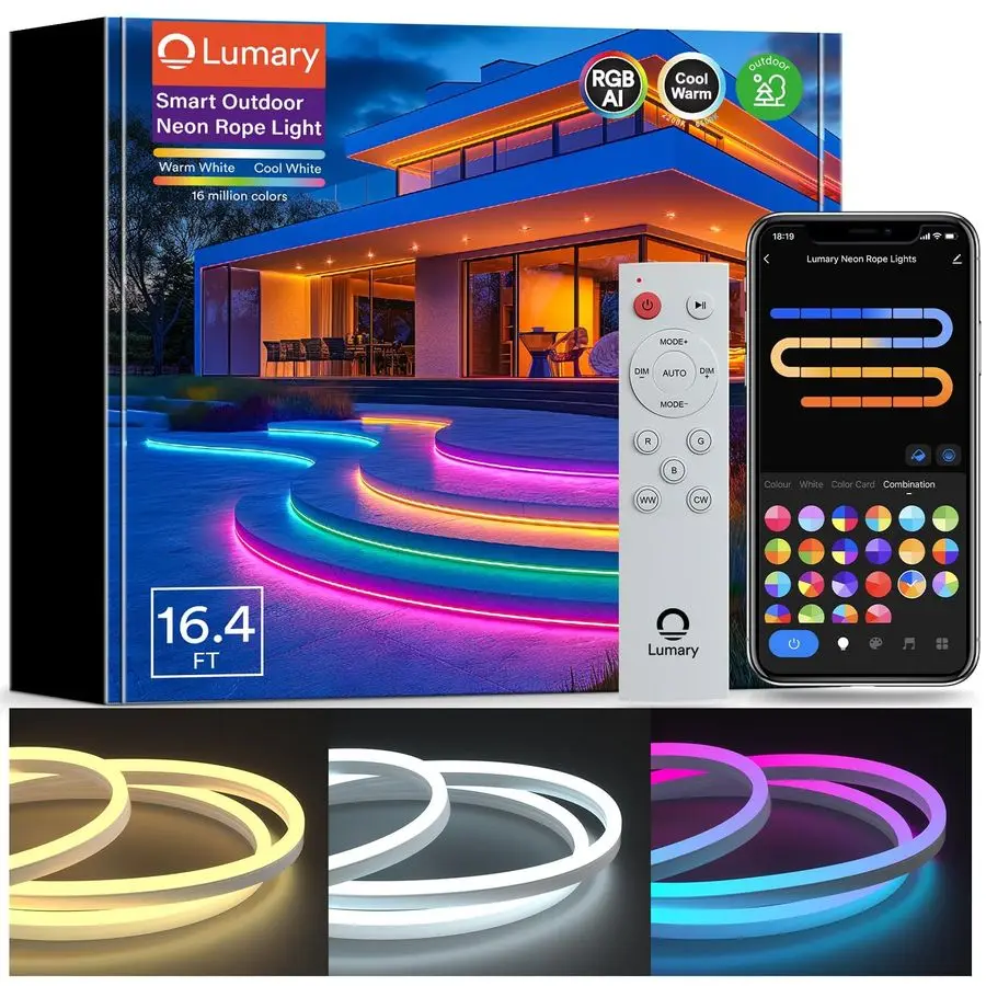 스마트 네온 로프 라이트, 실외용, RGBAICW 유연한 색상 변경 로프 라이트, 방수 IP65, 할로윈용, DIY 장면 모드, RGB