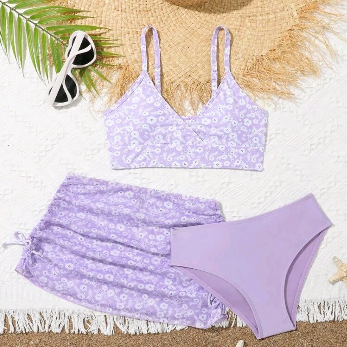 Set bikini per ragazze con stampa floreale da 3 pezzi Costume da bagno per bambini Gonne da spiaggia 7-12 anni Costumi da bagno per bambini 2025 Costume da bagno per ragazza adolescente