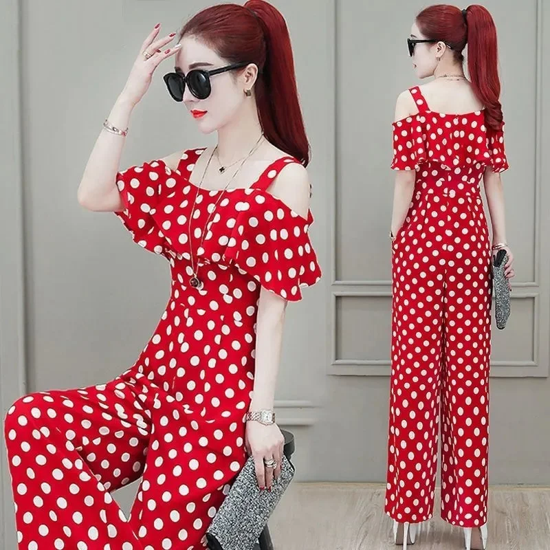 Donne coreane in chiffon onda punto pantaloni a gamba larga 2025 moda femminile pagliaccetti a maniche corte estate signore bretelle allentate tute