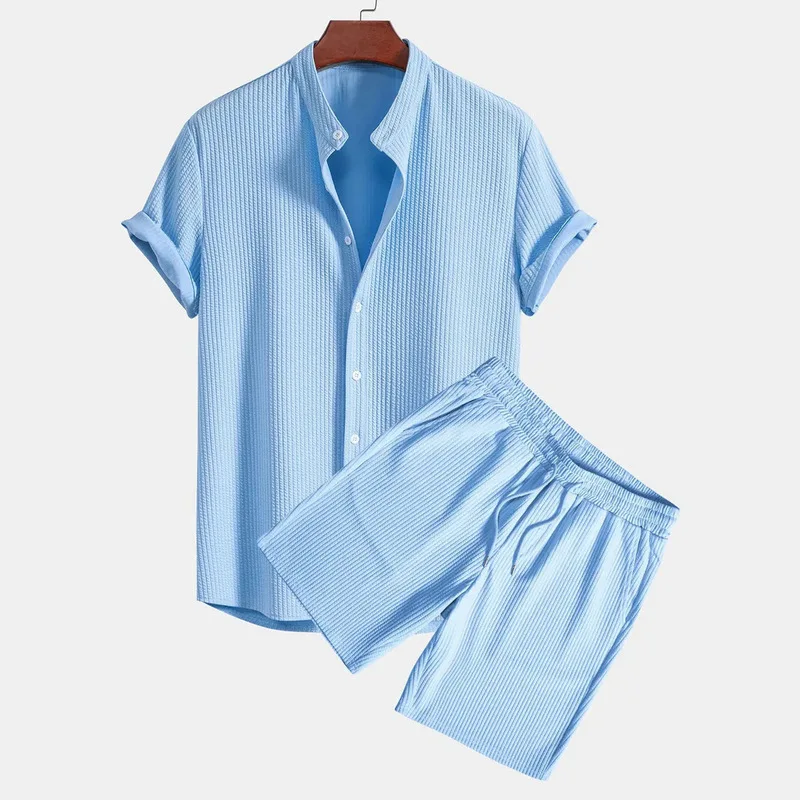 Men's Casual Loose Two-piece Set Multi-color Beach Pit Strip Short-sleeved Stand Up  Shirt  Shorts Set shirts t shirt  for men