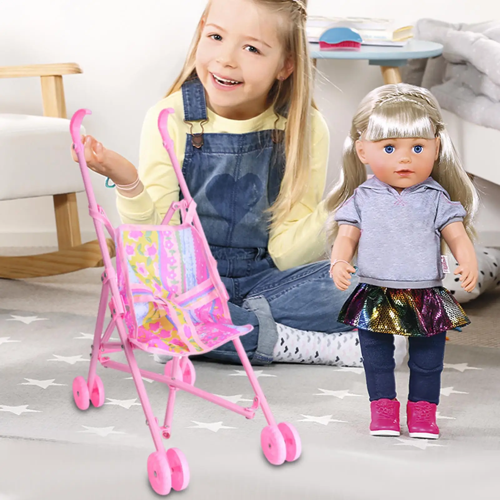 Carrinho de boneca de bebê, brinquedos de simulação para crianças, interativo, seguro para crianças, brinquedo para quarto, reunião de família