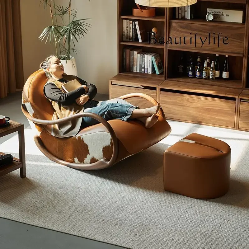 BbRecliner Leather Leisure Balcony Sillon Furniture Home Minimalist Black Walnut Chair Armrest Rocking Italian Living Room Sofa