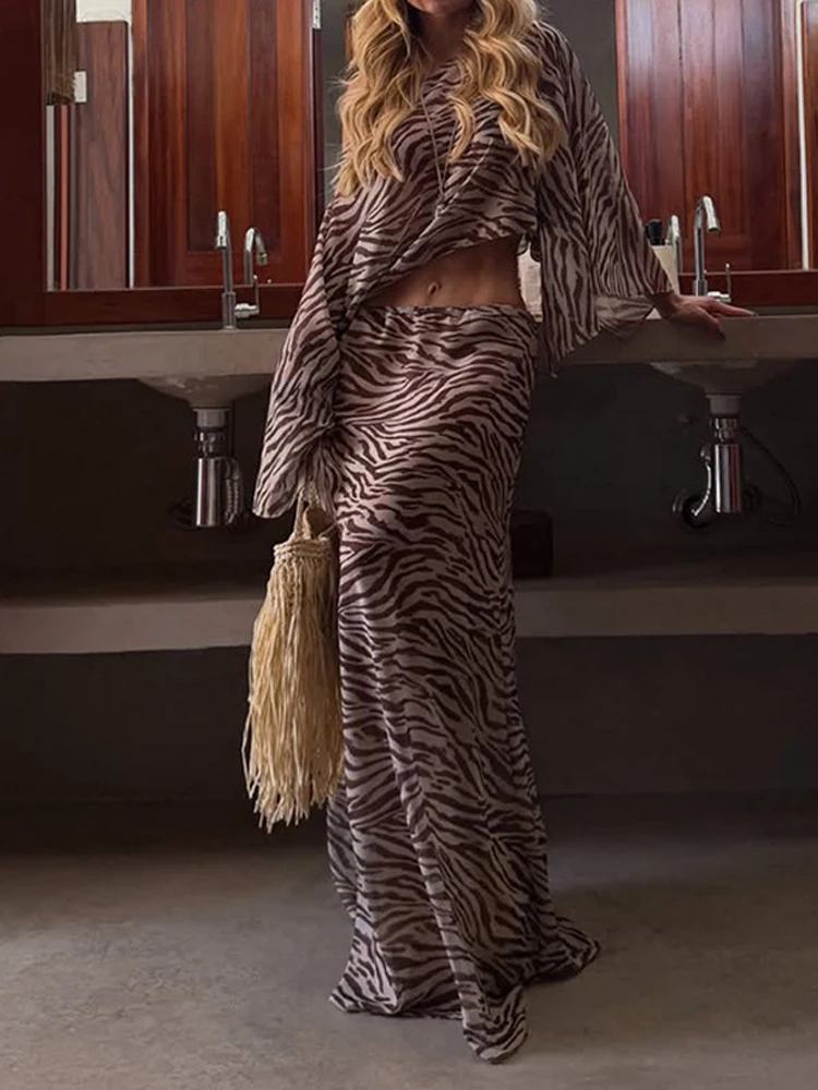 Long Sleeve Loose Top High Waist Slim Maxi Pencil Skirt Boho Suit Women Zebra Print 2 Piece Set New Holiday Casual Co ord Outfit