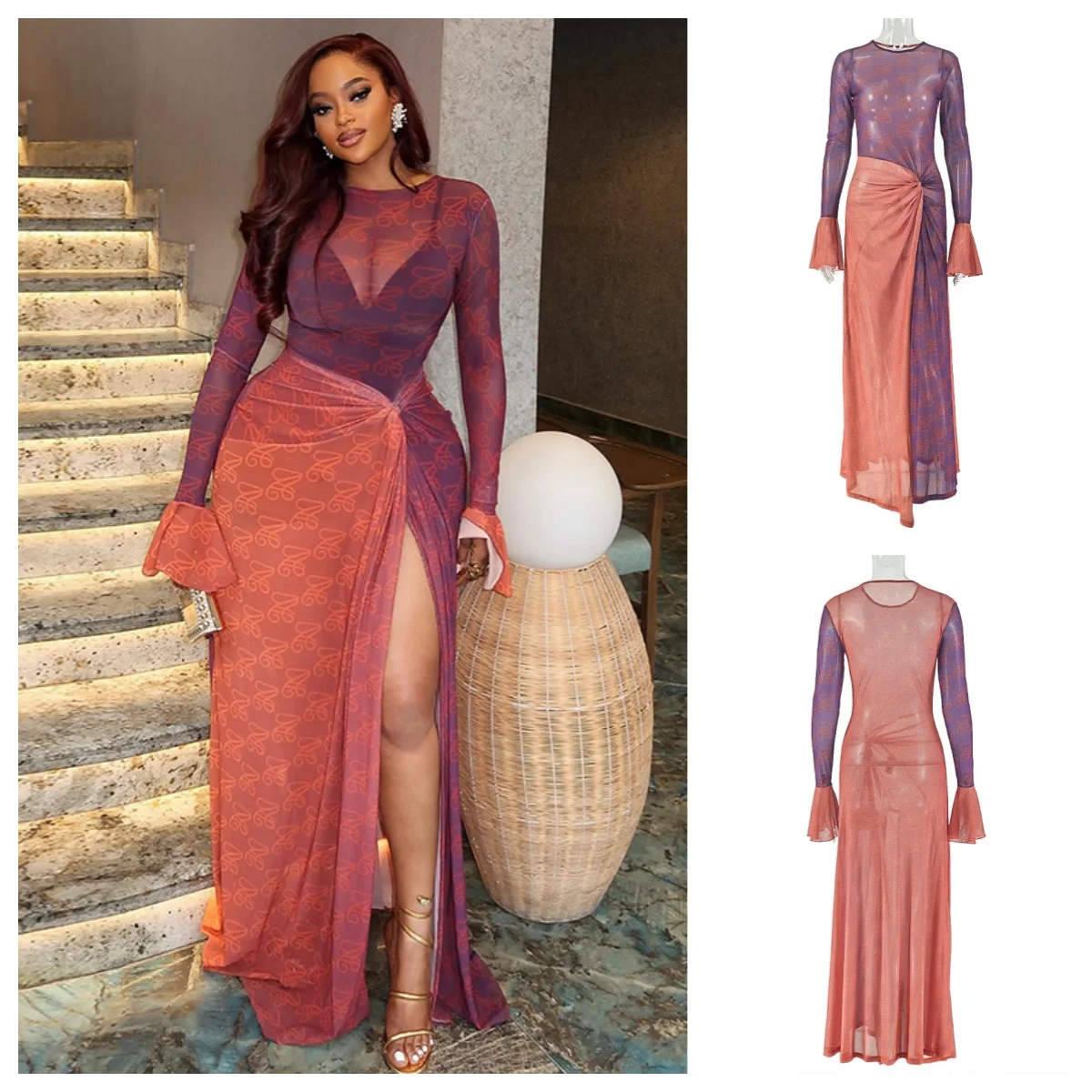 Y2K Retro Sexy Damen Transparentes Mesh-Kleid mit Farbverlauf, Hohem Schlitz, Maxi-Länge, Ausgestellten Ärmeln und Gerafftem Bodycon-Design für Nachtclubs