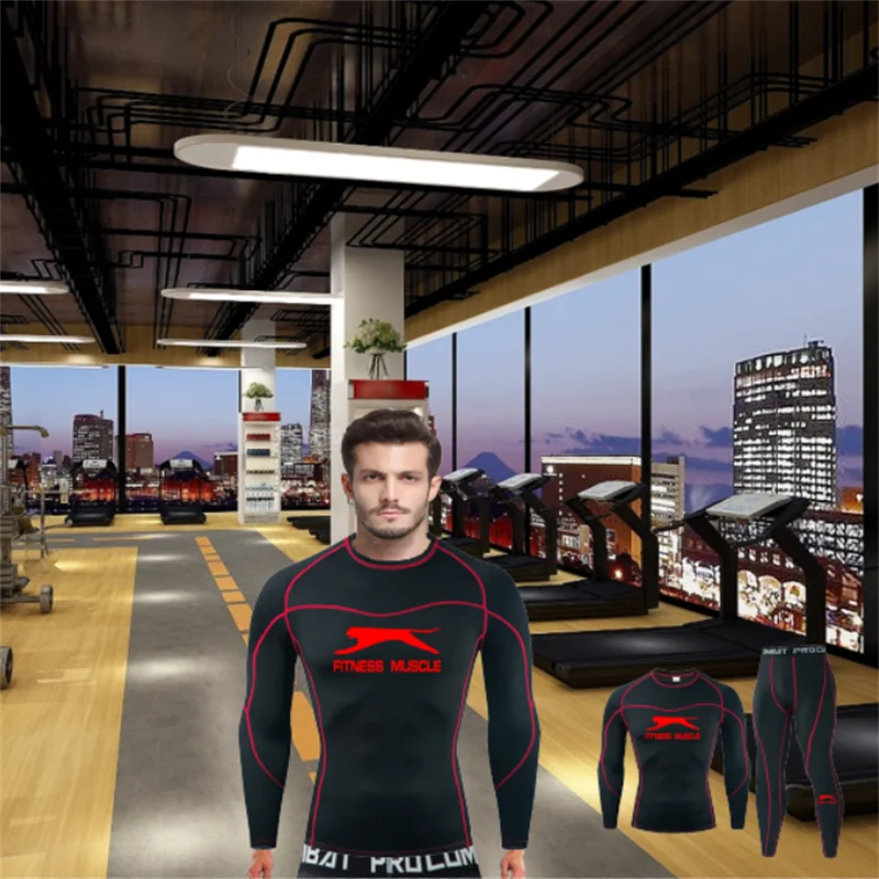 

Men's Running Set Gym Jogging Thermo Underwear Men Skin Compression Sets Fitness Muscle Printing Male Quick Dry Sets Track Suit