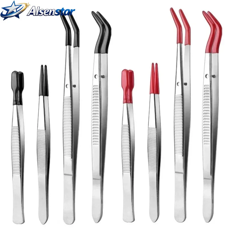 4 pieces of stainless steel long industrial tweezers set with rubber heads, including beads, stamps, coins, and jewelry