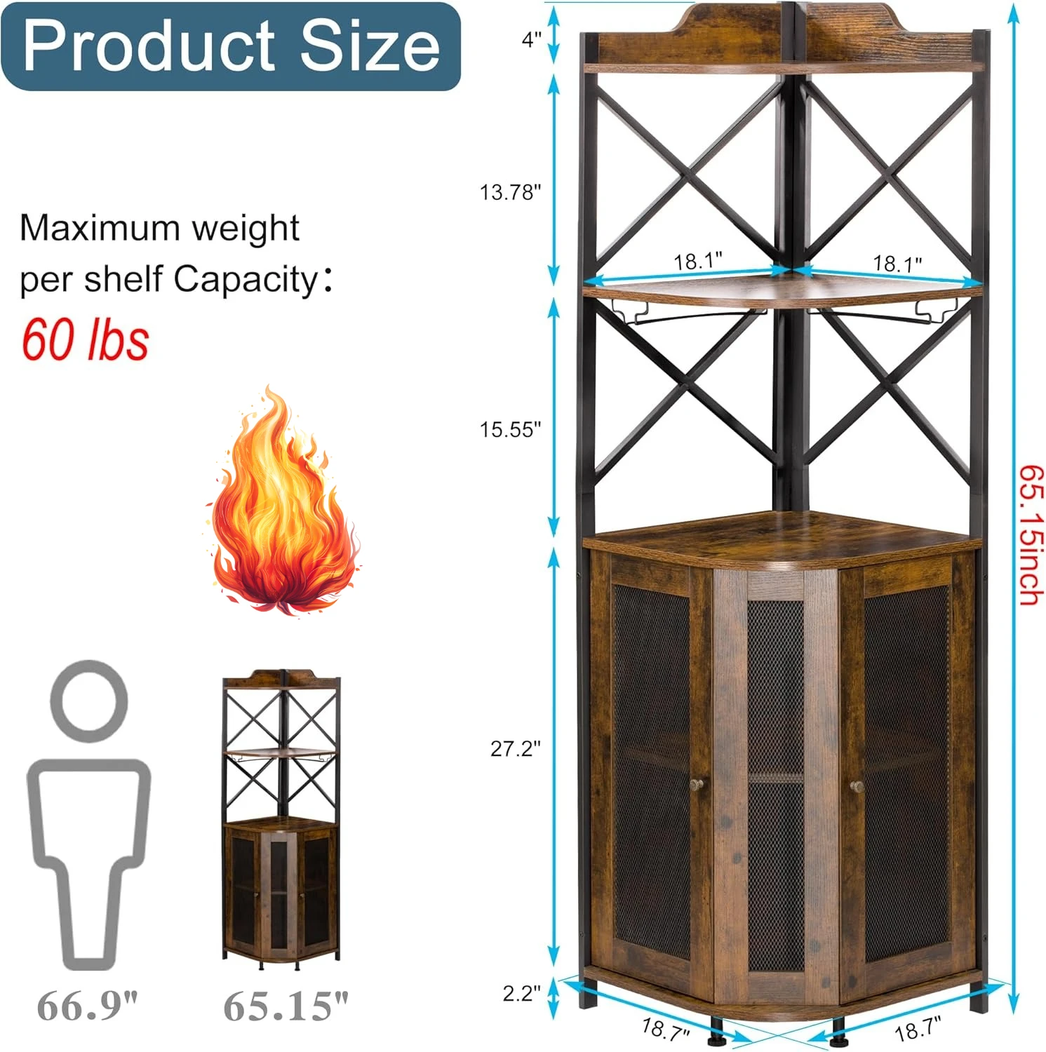 Armário de bar de canto com luzes LED, armário industrial de bar de vinho de 5 camadas com suporte de vidro, armários de bebidas de fazenda com prateleira