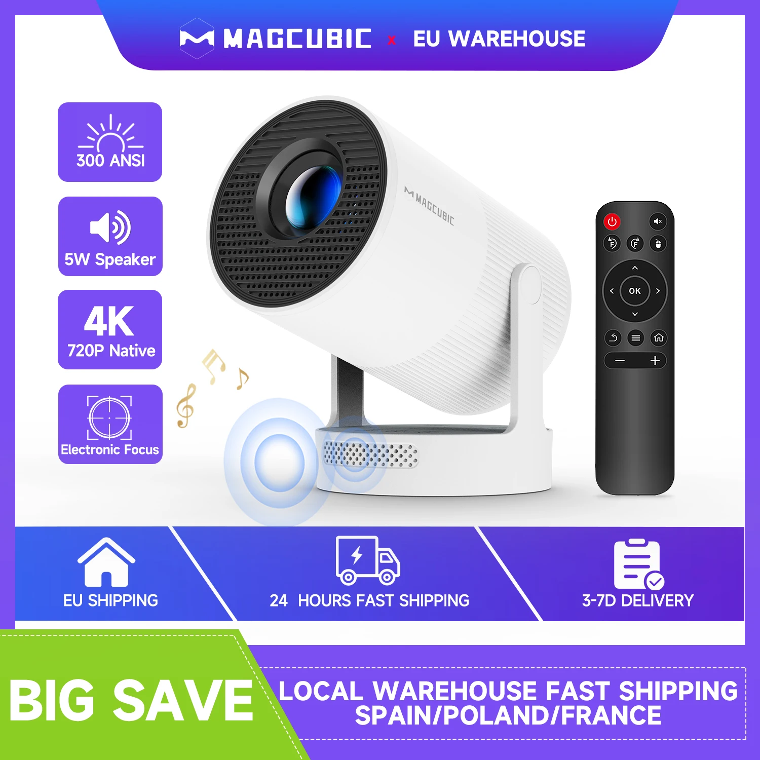 Magcubic 4K HY300 Ultra-Portabler Projektor mit Lautsprecher, Elektronischer Fokus, 720P, 300ANSI, Outdoor-Kino, Android 11, BT5.4, Camping