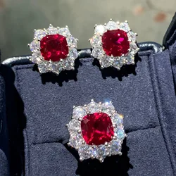 Luxury Lab Ruby Diamond Jewelry set 925 Sterling silver Wedding Earrings Rings For Women Bridal Sets Engagement Jewelry