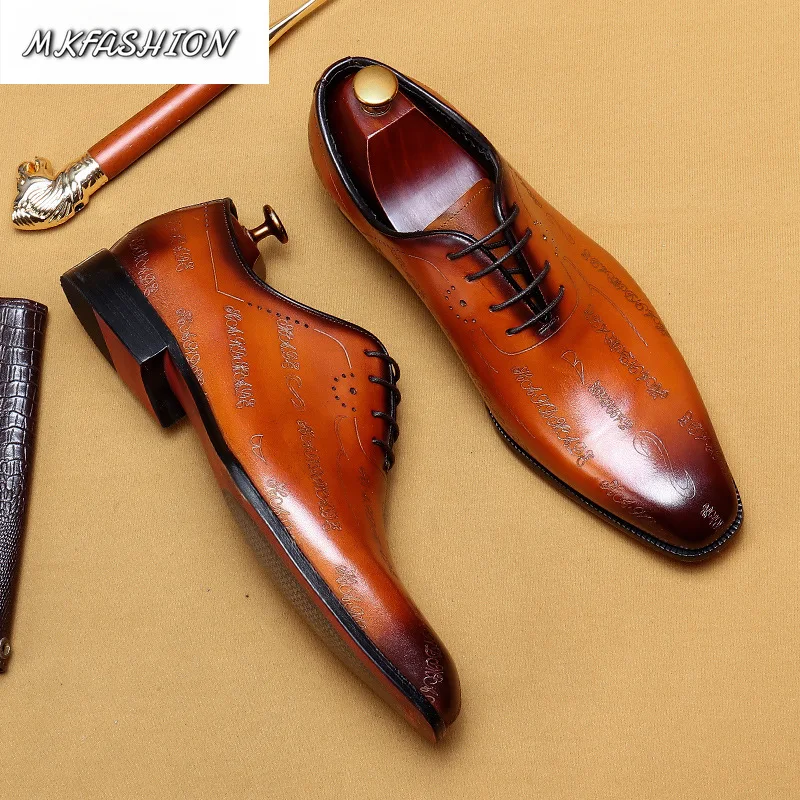 Men's Business Formal Cowhide Leather Oxford Shoes British Carved Pattern Slip On Flats Size 37-45