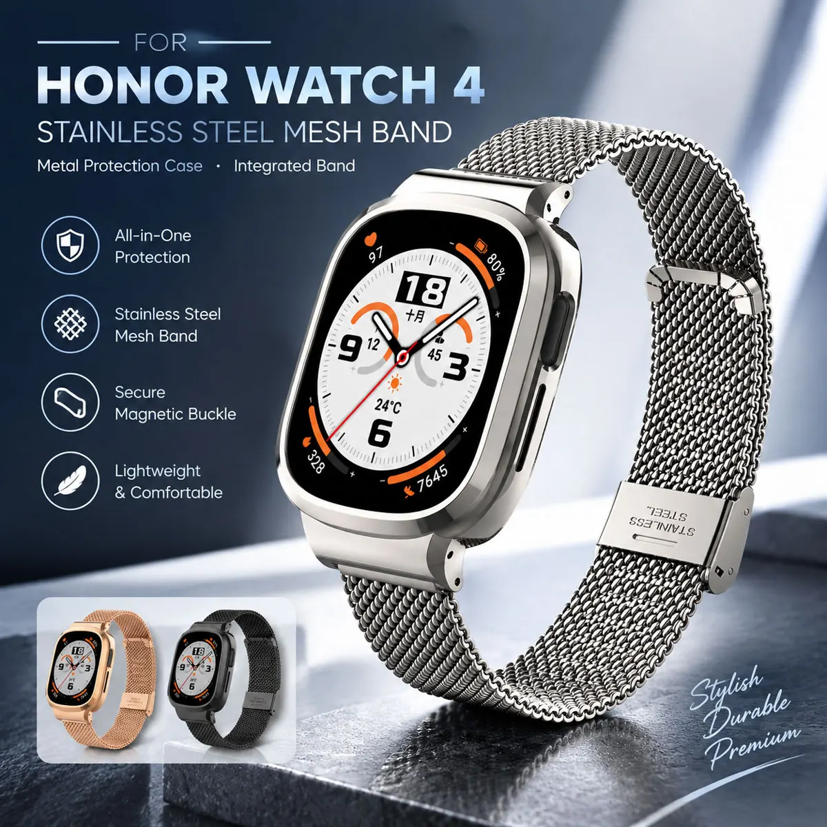 Suitable for Honor Watch 4 Stainless Steel Network Card Buckle Strap Metal Protective Case Honor Watch 4 Replacement Strap